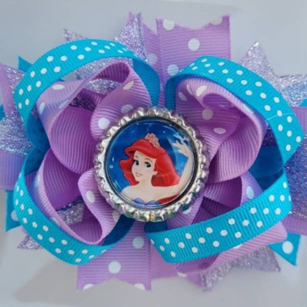 Little Mermaid Ariel Disney Princess Lavender White Blue Bottle Cap Hair Bow 5"